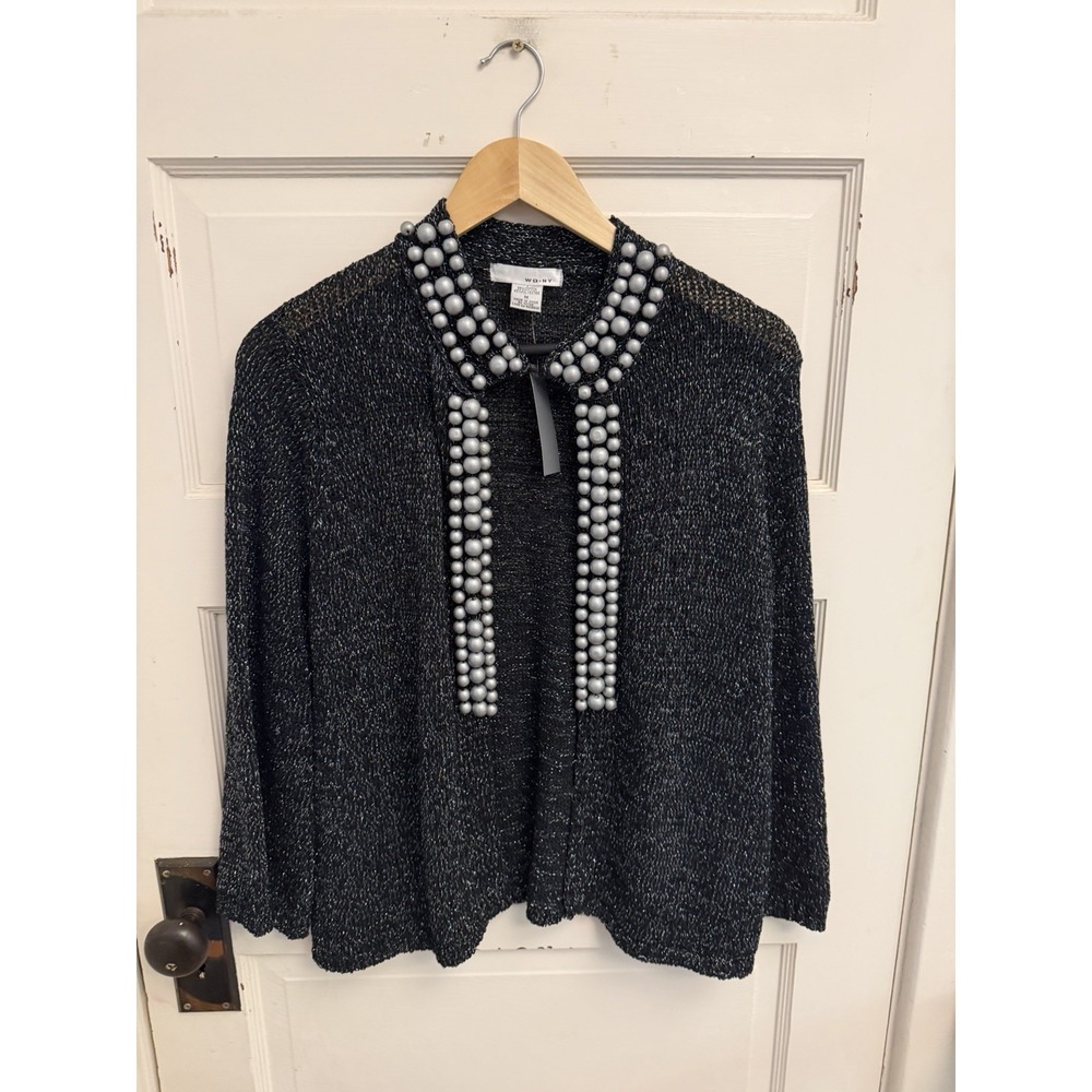 WDNY Women's Black Metallic Knit Open Cardigan Silver Beads Size Medium New
